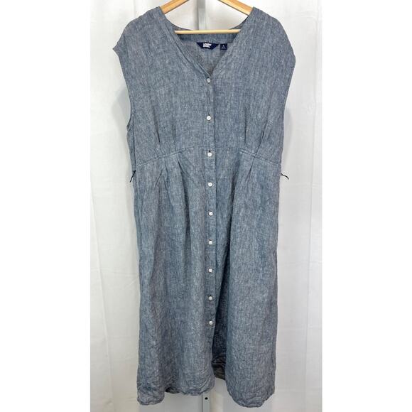 LANDS' END Linen Button Up Midi Dress Cap Sleeve Pleat Waist Blue Size 14 16 L - Picture 1 of 8